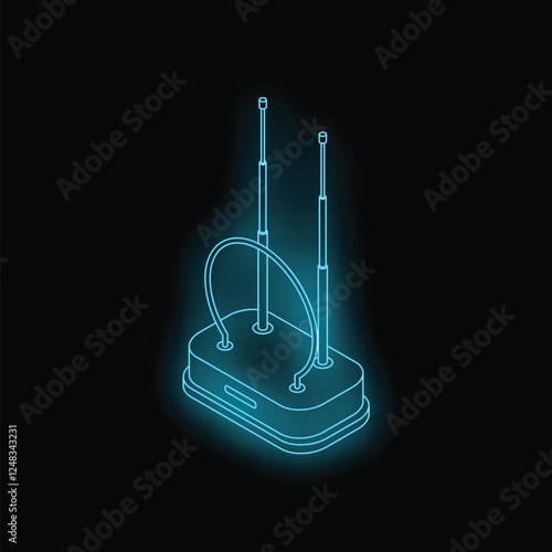 Neon glowing icon of a wifi router transmitting a signal on a black background