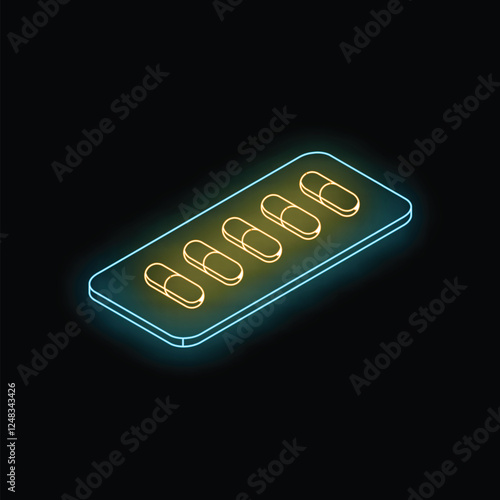 Neon blister pack of pills glowing on dark background, concept for medicine, healthcare and pharmacy