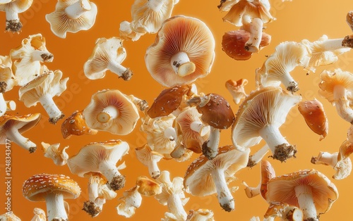 A vibrant explosion of mixed mushrooms flipping mid air with a gravity defying motion soft pastel orange background photo