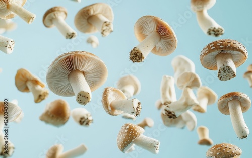 Wallpaper Mural A variety of wild mushrooms bouncing mid-air in a realistic free-floating motion soft pastel blue background Torontodigital.ca