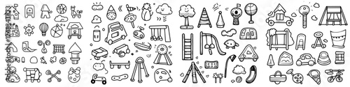 Variety of hand-drawn playground and outdoor activity illustrations, capturing children's playtime adventures and whimsical designs