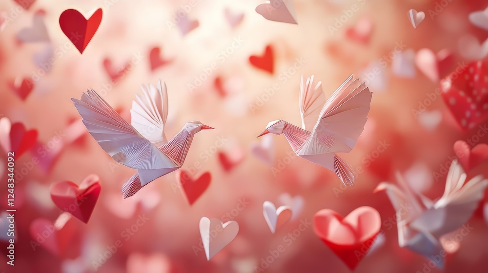 Origami doves surrounded by paper hearts Origami doves surrounded by paper hearts