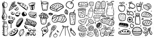 Diverse assortment of illustrated food items including fruits, beverages, and snacks displayed in a creative layout