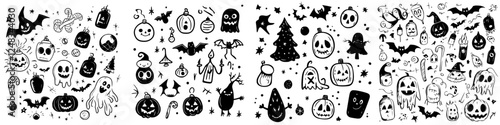 Creative Halloween and Christmas doodles showcasing festive elements in a playful black and white design