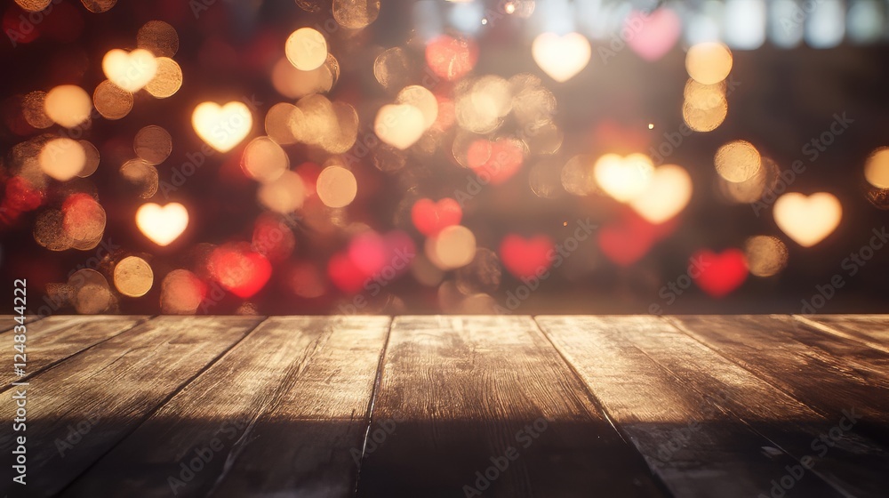 Romantic Hearts Bokeh on Wooden Surface Romantic Hearts Bokeh on Wooden Surface