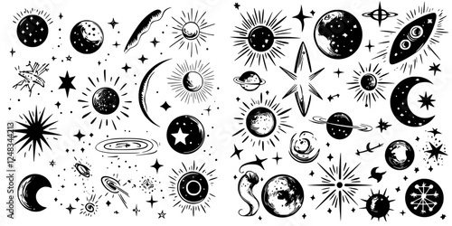 Celestial patterns featuring stars, planets, and cosmic elements in a detailed black and white design for artistic inspiration