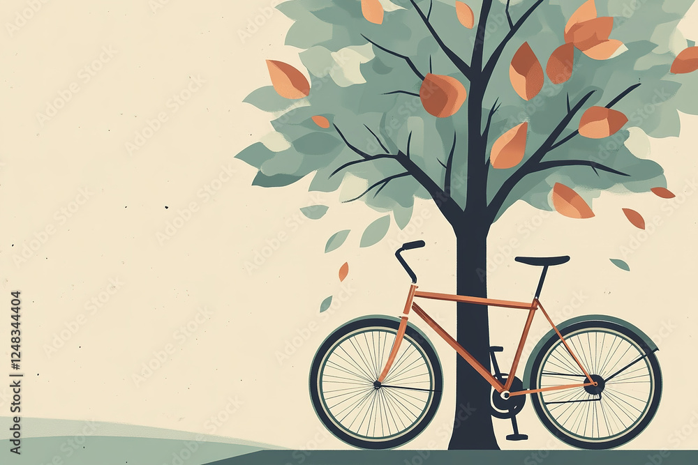 Fototapeta premium Bicycle resting against a tree with autumn leaves in a calm park setting