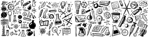 Collection of doodles depicting various science and education elements in black and white