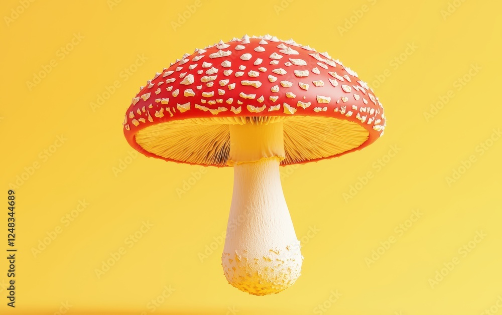 A vibrant fly agaric mushroom with striking red and white contrast floating mid air on a warm yellow background A vibrant fly agaric mushroom with striking red and white contrast floating mid air on a warm yellow background