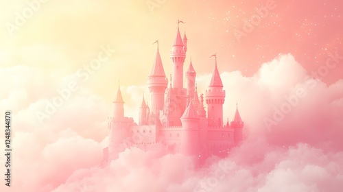 Pink fairytale castle floats on clouds at sunset; dreamy background ideal for children's books