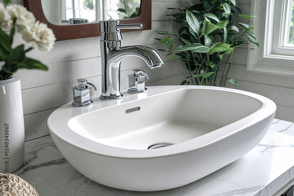 Chic White Bathroom Sink Paired with Bold Chrome Faucet Chic White Bathroom Sink Paired with Bold Chrome Faucet