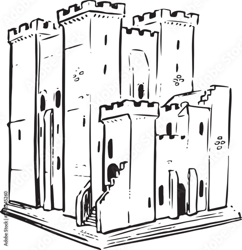 Newcastle Castle Keep, Newcastle, England black and white ink sketch. Historic Norman fortress with medieval stonework and rich heritage. Perfect for tourism, travel, and cultural history projects.