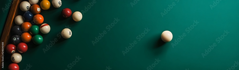 Billiards balls on green table, cue stick, game setup Billiards balls on green table, cue stick, game setup