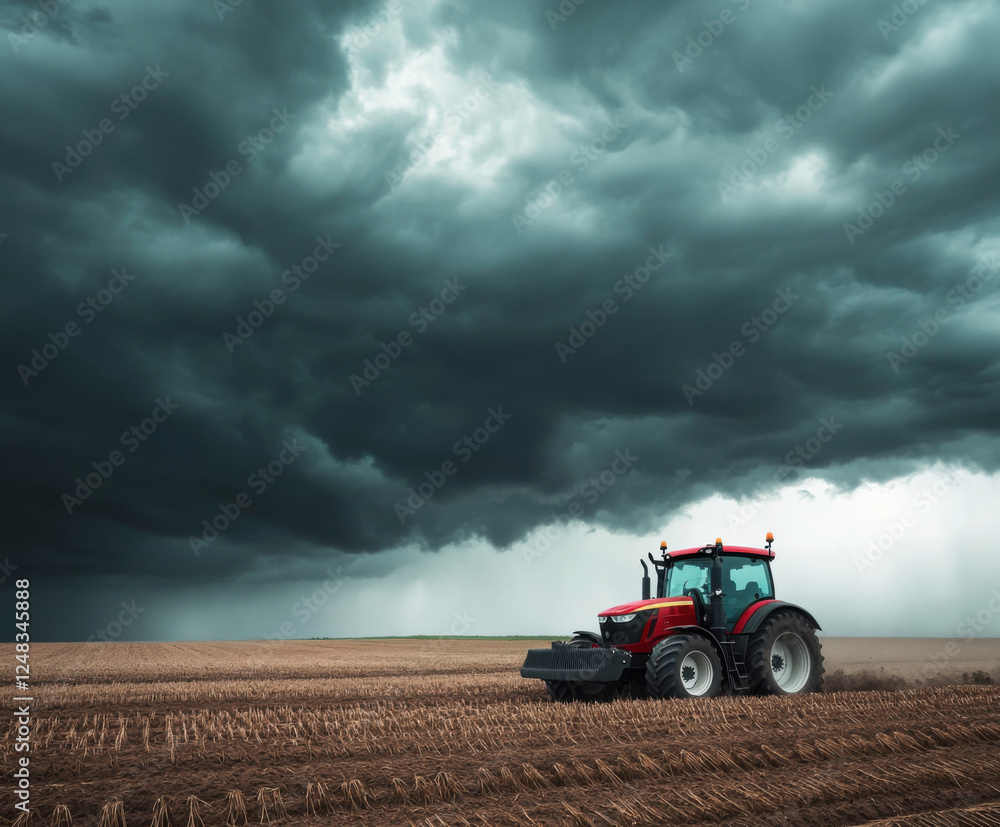 Obraz premium Dark storm clouds loom over a tractor working in a freshly plowed field at dusk
