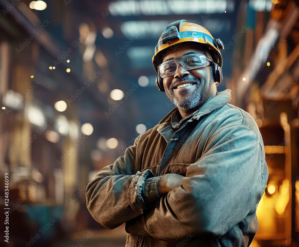 Smiling worker wearing safety gear in industrial setting with warm lighting and machinery in background Smiling worker wearing safety gear in industrial setting with warm lighting and machinery in background