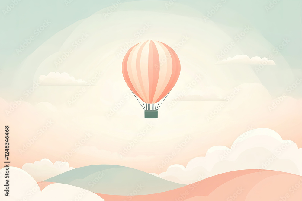 Fototapeta premium Colorful hot air balloon floating above soft pastel hills during a serene dawn with light clouds in the sky