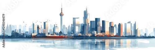 Watercolor cityscape skyline reflecting on water