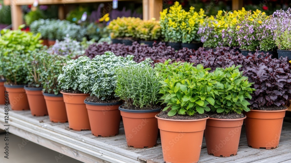Fresh Herb Plants in Terra Cotta Pots at Garden Center Display Fresh Herb Plants in Terra Cotta Pots at Garden Center Display