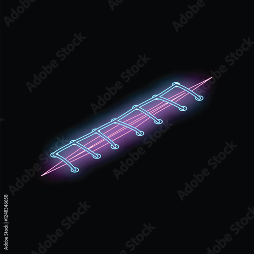 Glowing neon blue and pink surgical suture is closing a wound on a black background