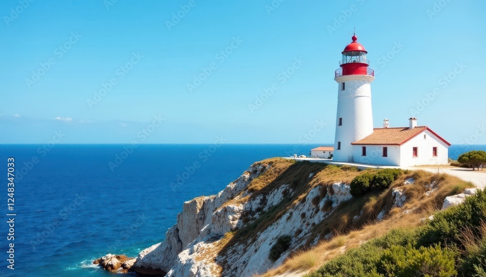 Iconic white lighthouse on Formentera clifftop, azure sea backdrop, majestic, view, europe Iconic white lighthouse on Formentera clifftop, azure sea backdrop, majestic, view, europe