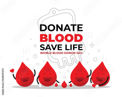 World blood donor day - Group type blood drop character are smile and happy with hold mini heart and mini blood sign vector design