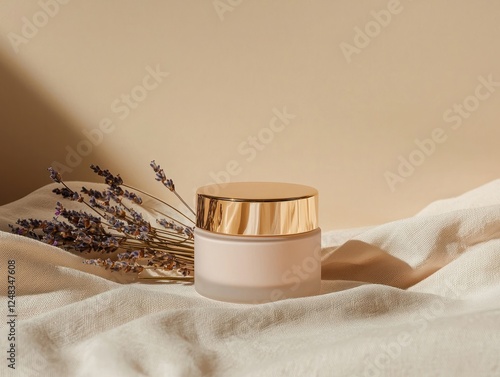 Elegant skincare cream jar with gold lid on textured fabric with dried lavender in soft sunlight showcasing purity and aromatherapy wellness photo