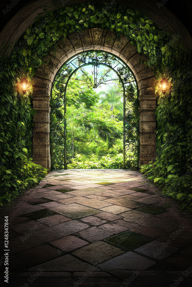Fototapeta premium A softly lit courtyard with thick ivy carpeting the walls, featuring a radiant abstract window and