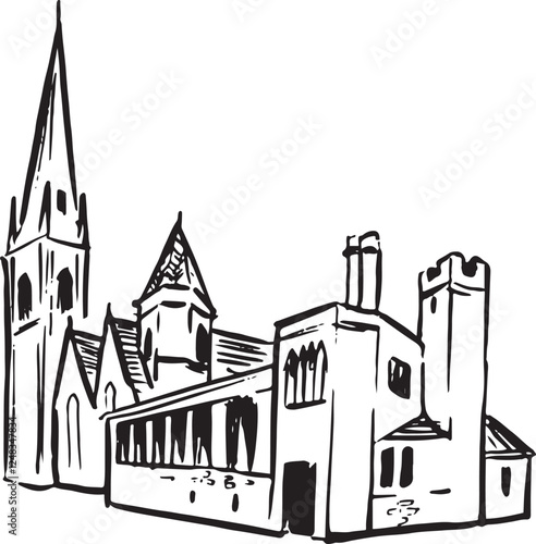St Marie’s Cathedral, Sheffield, England black and white ink sketch. Beautiful Gothic Revival architecture with intricate stonework and stained glass windows. Tourism, travel, and cultural heritage.