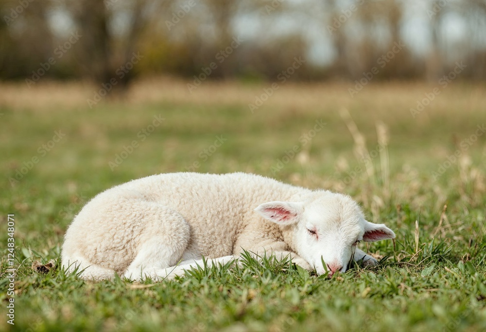 dozing lamb in the springtime resting in a field dozing lamb in the springtime resting in a field