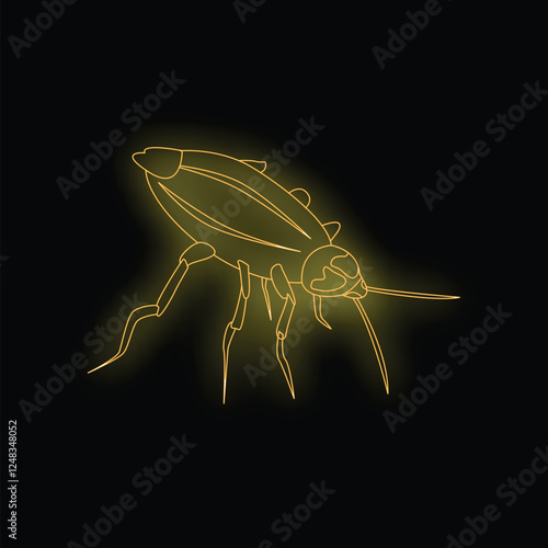 Neon sign of a cockroach glowing yellow on a black background