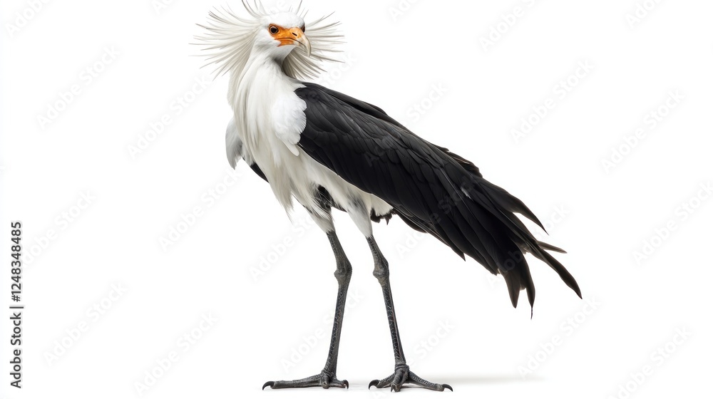 Obraz premium A majestic Secretary bird standing tall, showcasing its long legs and striking black and white plumage, isolated on a clean white