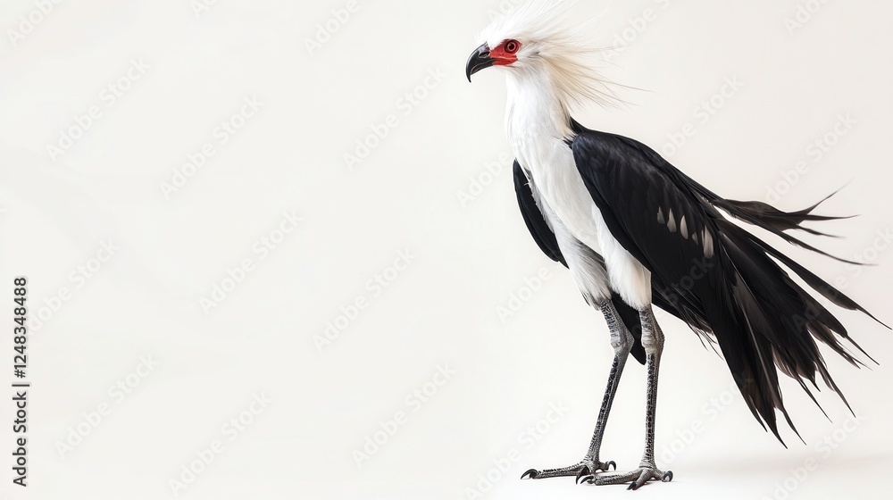 A majestic Secretary bird standing tall, showcasing its long legs and striking black and white plumage, isolated on a clean white A majestic Secretary bird standing tall, showcasing its long legs and striking black and white plumage, isolated on a clean white