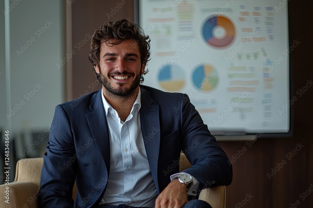 Portrait of a smiling businessman sitting in front of a flipchart Portrait of a smiling businessman sitting in front of a flipchart