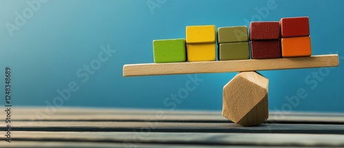 Wallpaper Mural Global Trade Tariffs Impact Concept. A colorful balance with wooden blocks on a seesaw, symbolizing stability and equilibrium in a creative setting. Torontodigital.ca