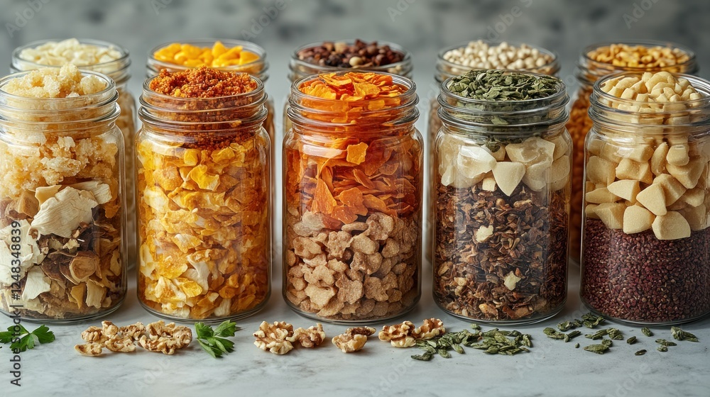 Jars of healthy snacks on table Jars of healthy snacks on table