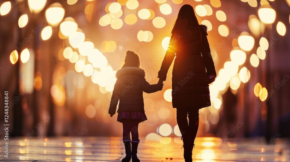 Mother And Daughter Walk Together In Warm Hues Mother And Daughter Walk Together In Warm Hues