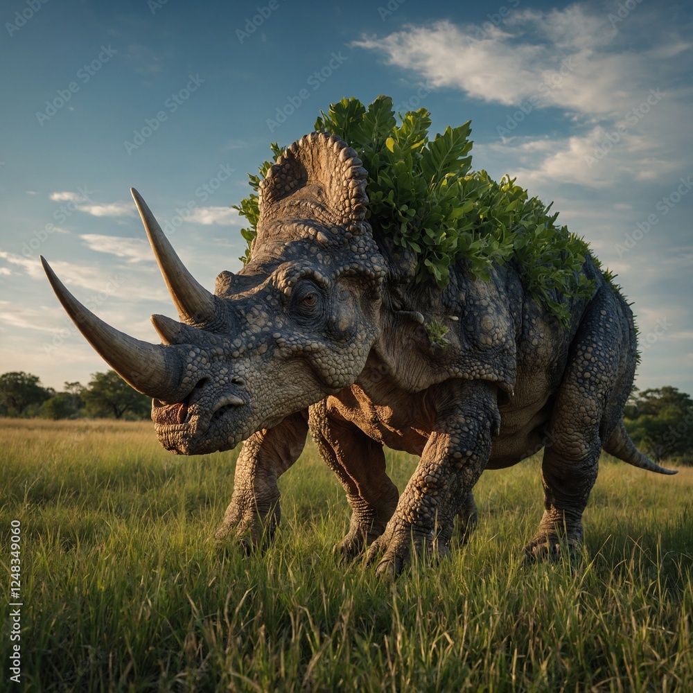 Fototapeta premium Cartoon dinosaur Triceratops, on the landscape of those times Utahceratops Gettyi Large herbivore from Late Cretaceous A large, spiked dinosaur walks through a forest
