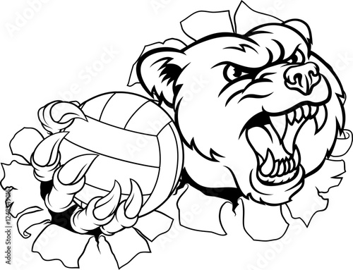 A grizzly bear volleyball animal sports mascot holding a volley ball in his claw