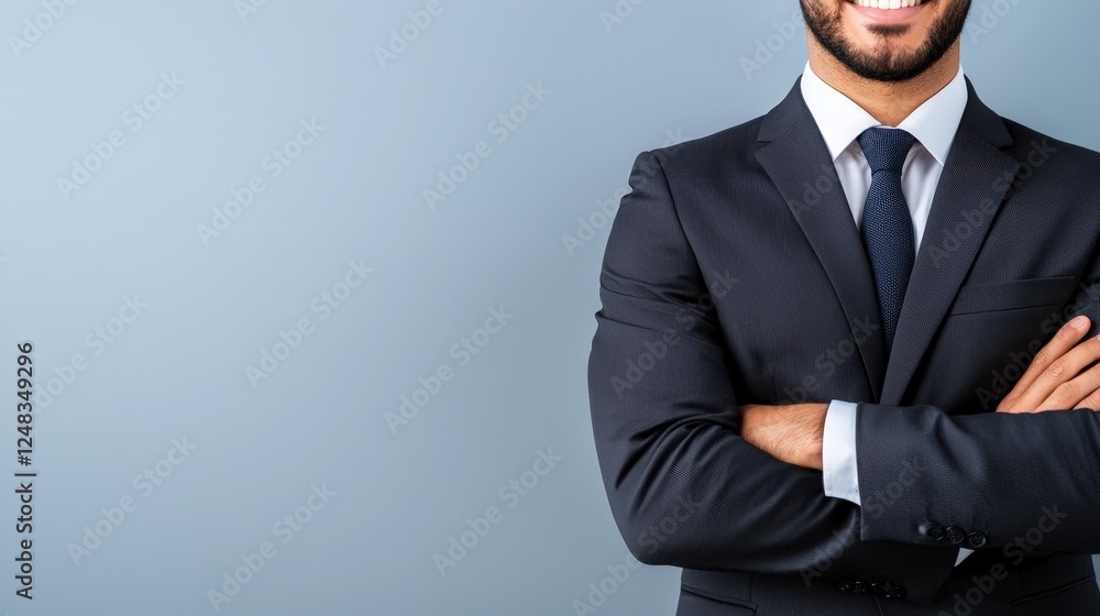 Portrait of a smiling arabian businessman in suit and tie with arms crossed against a neutral background Portrait of a smiling arabian businessman in suit and tie with arms crossed against a neutral background