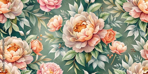 A lush tapestry of delicate peach and pink blossoms, artistically rendered with a watercolor effect, showcasing a vibrant floral arrangement against a deep teal backdrop.