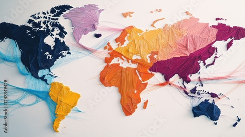 Fototapeta Naklejka Na Ścianę i Meble -  Global Trade Tariffs Impact Concept. Colorful fabric map of the world with vibrant threads representing connections between continents and countries.