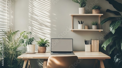 Sunlit home office workspace with laptop, plants, and books; ideal for remote work or study photo