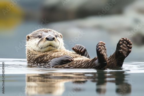 Playful otter floating, enjoying serene river view