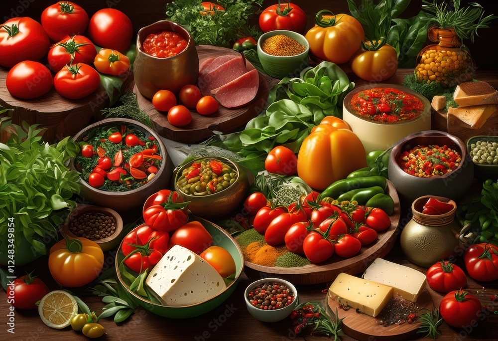 organized display delectable ingredients culinary arts featuring fresh gourmet essentials recipe inspiration, produce, spice, herb, vegetable, fruit, meat organized display delectable ingredients culinary arts featuring fresh gourmet essentials recipe inspiration, produce, spice, herb, vegetable, fruit, meat