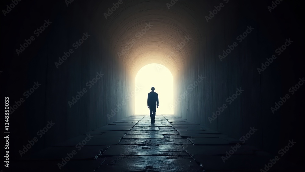 Dark tunnel with a bright light at the end or exit. A black silhouette of walking man to new opportunity or freedom. Dark tunnel with a bright light at the end or exit. A black silhouette of walking man to new opportunity or freedom.