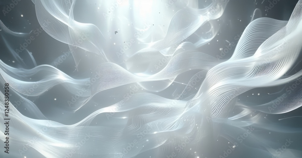 Fototapeta premium Delicate white strands float in a gentle, swirling motion, creating a serene and graceful atmosphere filled with soft movement and ethereal elegance