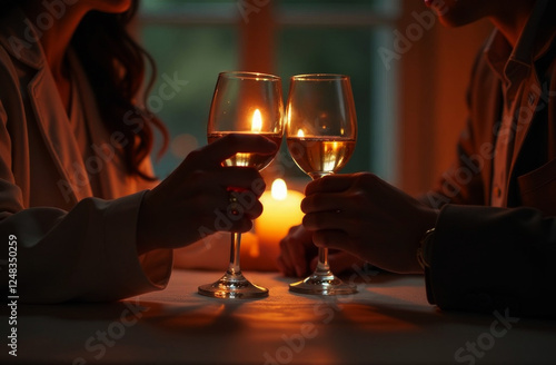 Anniversary. Valentine's Day. Young romantic couple with glasses of wine at table in restaurant, closeup.