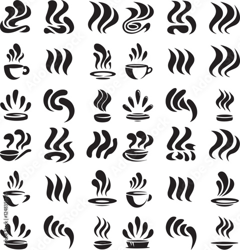 collection of silhouette vector wavy line icons steam, smoke, heat, or aroma.