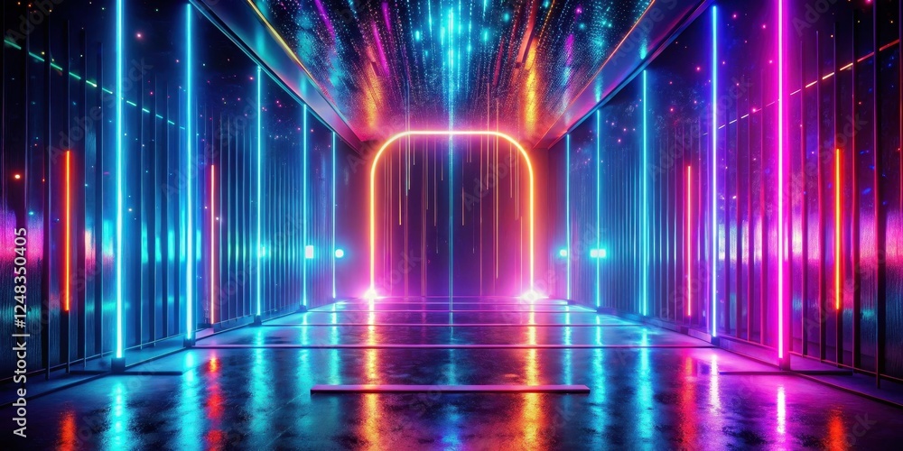 Vibrant Neon Corridor with Archway and Glowing Lines Reflecting on Wet Floor Vibrant Neon Corridor with Archway and Glowing Lines Reflecting on Wet Floor