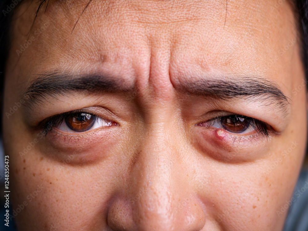 Fototapeta premium Close Up of Adult Man with one eye infection, Chalazion, Stye (hordeolum) on eyelid.